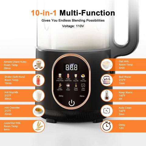 50 Oz Nut Milk Maker Machine Ten In One Automatic Plant Based Milk Maker Do It All control panel with function options visible.