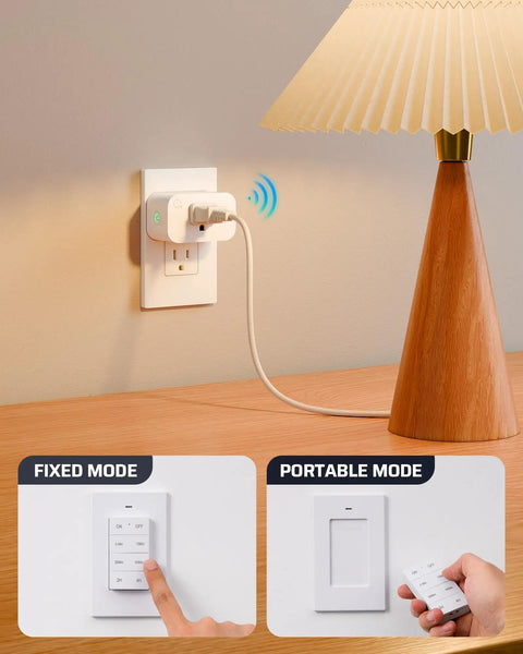 Zero Fuss Remote Control Outlet Timer Featuring Smart Countdown Modes plugged into a wall next to a lamp, demonstrating convenient use.