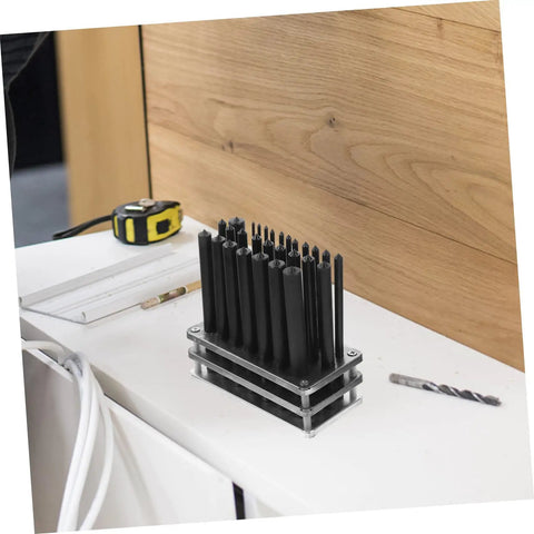 Pin Punch Set 28Pc Cylindrical Punches Drilling Tools Maintenance Kit for Home Repairs on white surface with tape measure nearby.