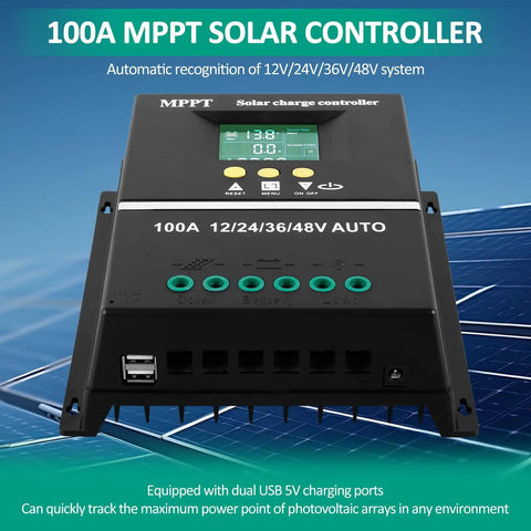 100A MPPT Solar Charge Controller With LCD Display on solar panel background