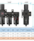 Three Stage Air Drying System For 1/2 Inch NPT Air Compressors, Includes 5 Micron Brass Filter, 0.5 Micron Fiber, 0.01 Micron Filter Cartridges