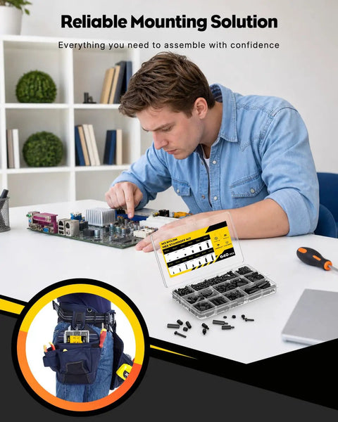 Killer Mega Pack Of 640 M3 Nylon Standoff Pieces Including Male Female Spacers And Assorted Screws For Motherboards And Electronics Boards Hella Tough Build Gear For Any Tech Project Right Now, organized assembly kit on a workspace.
