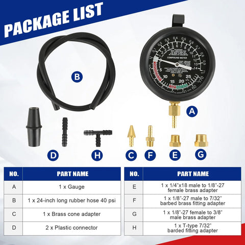 Blue NYXOVA vacuum and fuel pump tester gauge kit with brass adapters and hoses