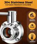Front view of a 1.5-inch sanitary stainless steel butterfly valve with pull-handle and tri-clamp flange.