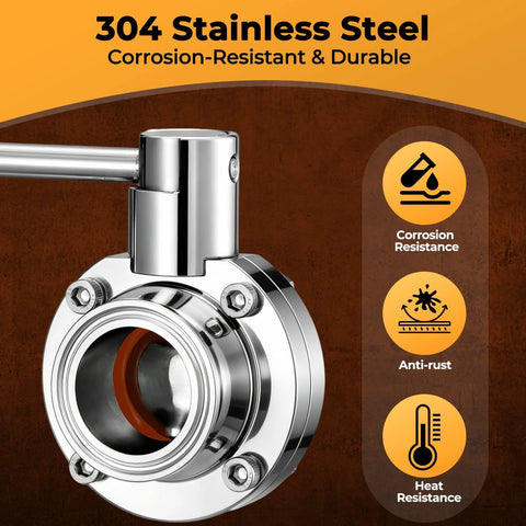 Front view of a 1.5-inch sanitary stainless steel butterfly valve with pull-handle and tri-clamp flange.