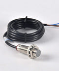 Ten Millimeter Hall Effect Proximity Sensor With NPN Normally Open Output, DC Five To Thirty Volts, silver body with coiled wire
