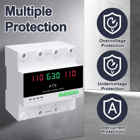 63A 110V Automatic And Manual Transfer Switch For Generator Backup Power And Gas Furnace DIN Rail Mount 50/60Hz LED Display