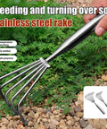 Stainless Steel Lawn Rake With Ergonomic Long Handle For Easy Weeding and Leaf Clearing in garden with multi claw design
