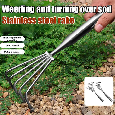 Stainless Steel Lawn Rake With Ergonomic Long Handle For Easy Weeding and Leaf Clearing in garden with multi claw design