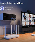 Beefy 600VA LiFePO4 UPS Battery Backup with 6 outlets and 2 USB ports, wall-mounted in a home office next to network gear.