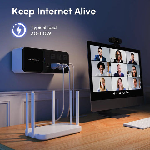 Beefy 600VA LiFePO4 UPS Battery Backup with 6 outlets and 2 USB ports, wall-mounted in a home office next to network gear.