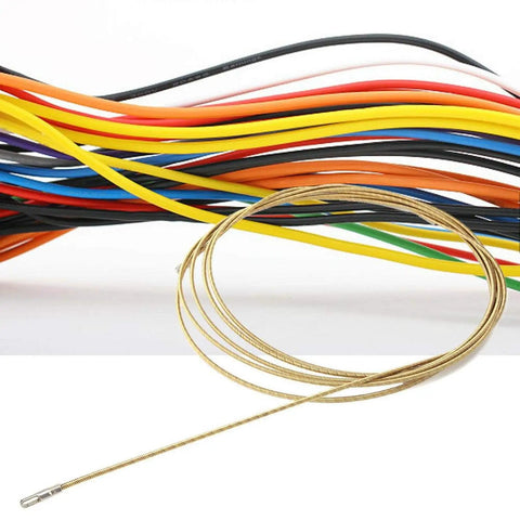 Heavy Duty Universal Fish Tape Wire Threader Tool With Flexible Spring for pulling electrical cables over colorful wires.