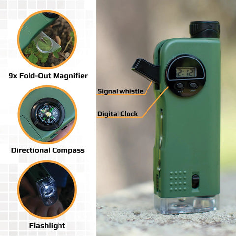 Kid Explorer 7 Function Optical Pocket Tool With 30x Microscope, 8x Telescope, 9x Fold Out Magnifier, Built In Flashlight, Signal Whistle, Compass And Digital Clock, Totally Fun Hands On Learning Gift For Curious Kids. Green plastic pocket tool with digital clock and signal whistle