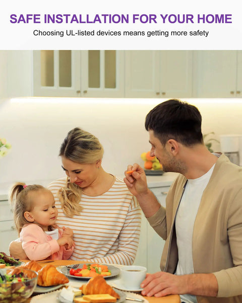 Family enjoying breakfast in kitchen with Cool White LED Strip Lights 4000K 16.4 Ft High Density 12V Tape Light installed