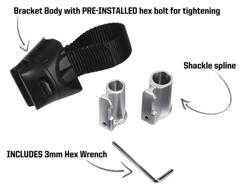 Transit FlexFrame-U Bracket For U-Locks Mounting System with hex bolt and 3mm wrench, showing shackle spline components.