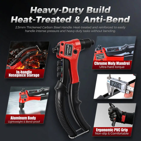 No Brainer One Hand Pop Rivet Gun With Quick Swap Nosepiece And Lockdown Storage Built For Rough Auto Fabrication And Sheet Metal Repair That Seriously Saves Your Wrists, showing heavy-duty build and ergonomic grip.