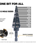 Jerax M2 HSS Quick Change step drill bit, front view; 12 sizes from 3/16" to 7/8", 1/4" hex shank