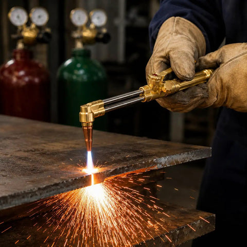 Portable Oxygen Acetylene Gas Welding Kit With Cutting Torch in use cutting metal in workshop, sparks flying from torch nozzle