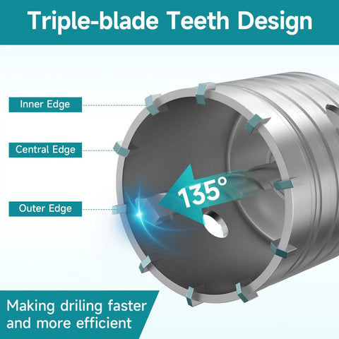 Boss Level 6 Piece Masonry Concrete Hole Saw Kit With Tungsten Carbide Segments And Heat Treated Steel Hub showing triple-blade teeth design.