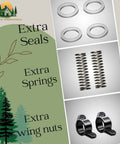 Spill Proof Automatic Chicken Waterer Cups 8 Pack With Free Setup Gear Drip Free Poultry Drinking Nipples, accessories including seals, springs, and wing nuts.