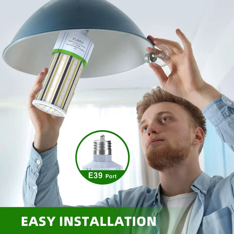Person installing Beast Bright LED Corn Light Bulb 100W Equivalent 14000 Lumens 5000K Daylight E39 Mogul Base 208-480V