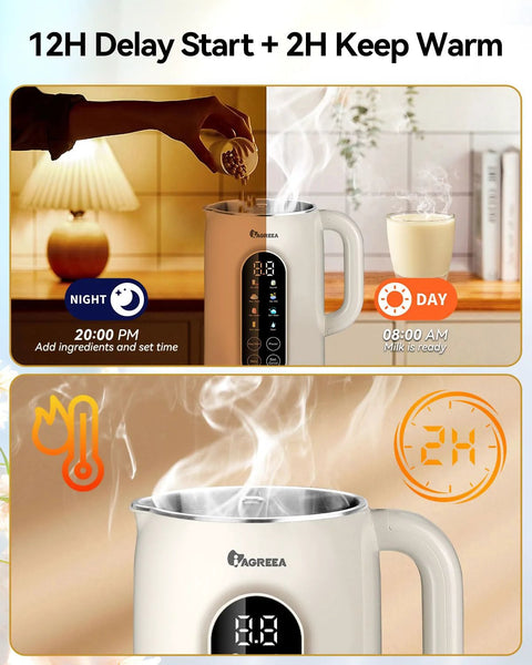 Front view of IAGREEA 10-in-1 nut milk maker with white body, digital display, stainless steel lid.