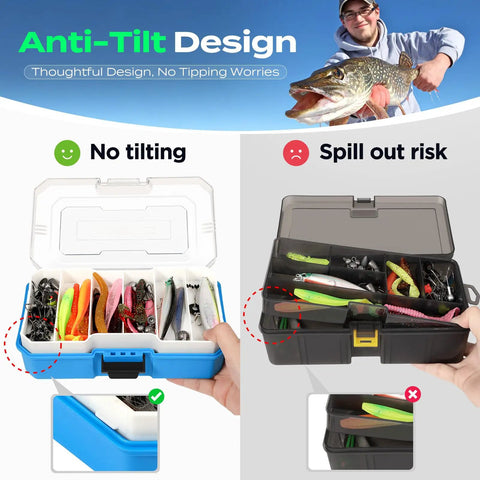 Comparison of anti-tilt design fishing tackle box with open view showing lures inside, against a standard box with spillage risk.