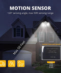 Hardwired 19W LED Outdoor Flood Light With Motion Sensor Dual Adjustable Heads illuminating house exterior, sensing range 50ft.