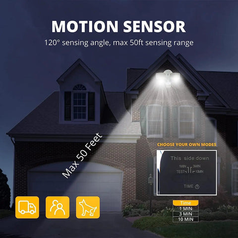 Hardwired 19W LED Outdoor Flood Light With Motion Sensor Dual Adjustable Heads illuminating house exterior, sensing range 50ft.