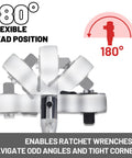 Flexible Head Stubby Ratchet Set with Quick Release showing 180-degree swivel for tight spaces, illustrated with multiple angles.