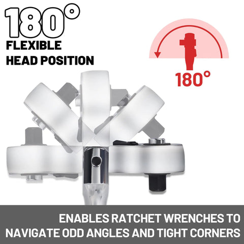 Flexible Head Stubby Ratchet Set with Quick Release showing 180-degree swivel for tight spaces, illustrated with multiple angles.