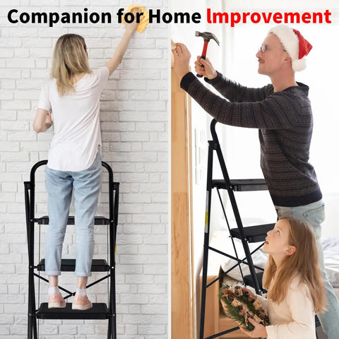 Foldable 5 Step Ladder With Handrail For Adults Beefy Yet Lightweight Anti Slip Step Stool With Wide Pedals Portable Household Ladder For Closet Bathroom Kitchen And Office Black, used indoors