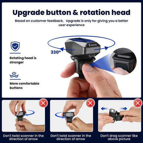 Close-up of Ring Wearable 2D Barcode Scanner with USB Wired 2 4G Wireless and Bluetooth 3 in 1 Connection showing rotation head.