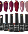 Six Color Gel Nail Polish Set With Christmas Shades Soak Off UV Gel Polish bottles with festive designs and color swatches