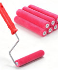Six Inch Mohair Paint Roller Covers With Sturdy Frame Kit Including Ten Extra Covers For Wall Painting Projects Featuring One Quarter Inch Nap That Delivers Smooth As Butter Finishes With Zero Wobble Action And Rock Solid Durability Everytime, includes red handle and pink mohair covers.