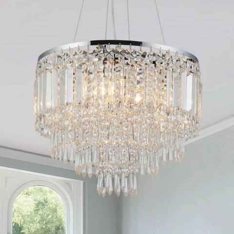 Five Light Crystal Chandelier Pendant Ceiling Light Fifteen Point Seven Inch Modern Glam in dining room setting