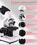 Adult Lab Microscope With 40X To 2000X Magnification Binocular Eyepieces WF10x And WF25x USB Camera For Photos And Videos Great For Classroom Use Home Lab And DIY Projects showing features.