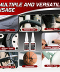 Heavy Duty Rubber Glue For Tires And Seals, Tough As Nails Adhesive For Gaskets, Shoe Soles, Hoses And More, Waterproof And Heat Resistant, Anti-Clog Cap, 30g Tube With 3 Droppers For Fast, Durable Bonding demonstration of uses on tires, shoe soles, and basketballs.