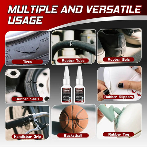 Heavy Duty Rubber Glue For Tires And Seals, Tough As Nails Adhesive For Gaskets, Shoe Soles, Hoses And More, Waterproof And Heat Resistant, Anti-Clog Cap, 30g Tube With 3 Droppers For Fast, Durable Bonding demonstration of uses on tires, shoe soles, and basketballs.