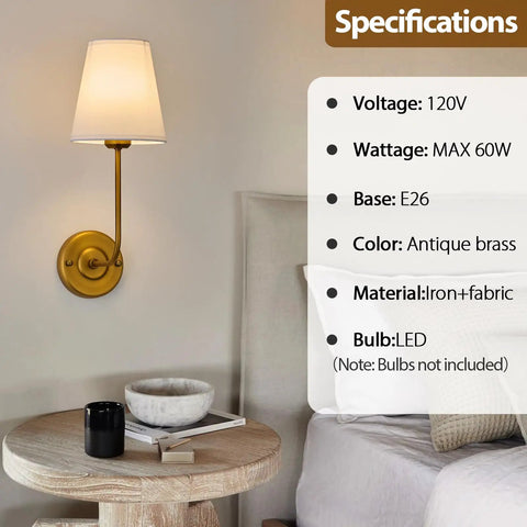 Hardwired Wall Sconce Set Of 2 With Flared White Textile Shade And Curved Arm In Antique Brass Finish For A Cozy Modern Bedroom Vanity Glow E26 Socket Dimmable LED Friendly 110V To 120V 60W Max