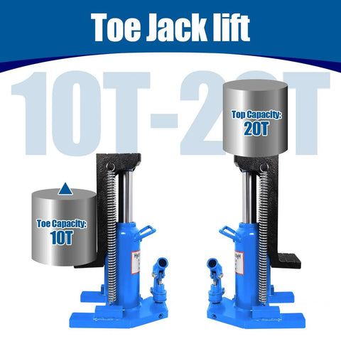 Heavy Duty 20 Ton Hydraulic Toe Jack showing 10T and 20T capacities, designed for lifting textile mill machinery.