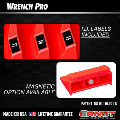 Modular Wrench Organizer For Twenty Tools With Magnetic Base Built In The USA, I.D. labels shown, magnetic component detail