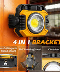 Dual Sided Magnetic Work Light With 2400 Lumens Rechargeable Power Stepless Dimming 2700K To 8000K Color Temperature 360 Degree Rotating Stand And Built In Hook Up To 80 Hours Runtime mounted on wall with 4-in-1 bracket and carabiner
