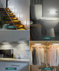 3 Pack Wireless LED Closet Lights With Motion Sensor, 38 LEDs in use on stairs, bathroom, kitchen, and closet