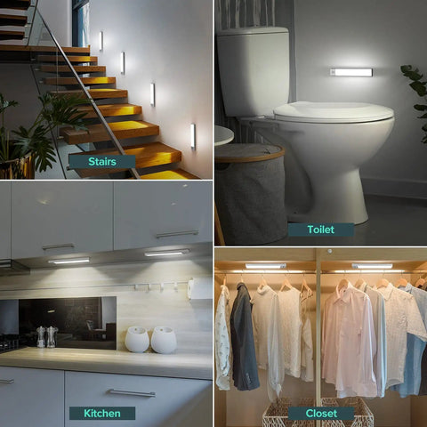 3 Pack Wireless LED Closet Lights With Motion Sensor, 38 LEDs in use on stairs, bathroom, kitchen, and closet