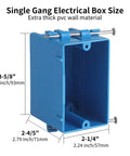 Side view of blue PVC 10 Pack Single Gang New Work Electrical Boxes with dimensions and nail mounts for residential use.