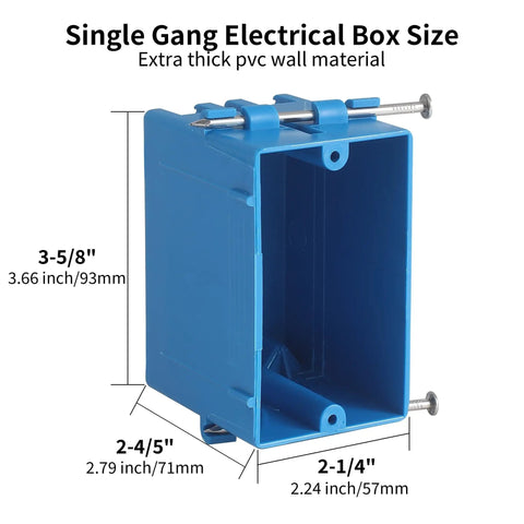 Side view of blue PVC 10 Pack Single Gang New Work Electrical Boxes with dimensions and nail mounts for residential use.