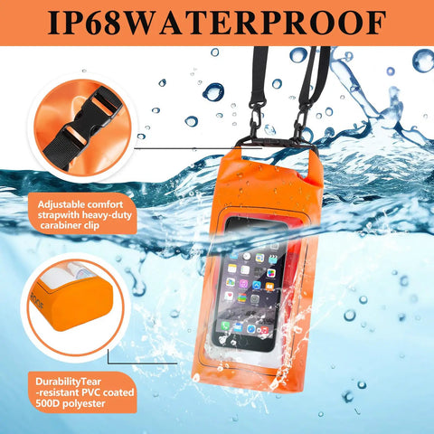 IP68 Waterproof Roll Top Dry Bag 2L With Phone Pouch for Kayaking Boating and Camping protecting phone in water, orange bag