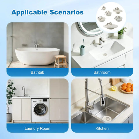Six Size Universal Drain Stopper Set With Pull Ring Rubber Sink Plugs for Kitchen Bath Laundry and Tub in various settings