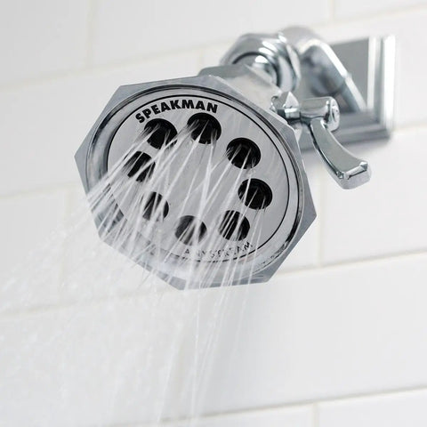 Close-up of Vintage 8 Jet Low Flow Shower Head 2.0 GPM Polished Chrome with Old School Retro Design on white tile wall